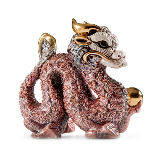 Chinese dragon figurine with gold and enamel detail, symbol of power, luck, and cultural tradition. Handmade with platinum accents. Perfect for feng shui or cultural décor. Gold, Enamel & Platinum Detailing.