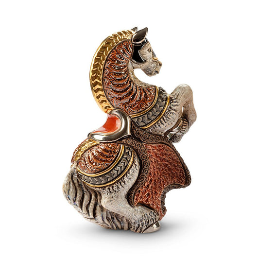 Hand-painted red gray jousting horse sculpture with platinum & gold armor. Handcrafted collectible figurine, 10x7x14 cm. Symbol of courage & nobility.