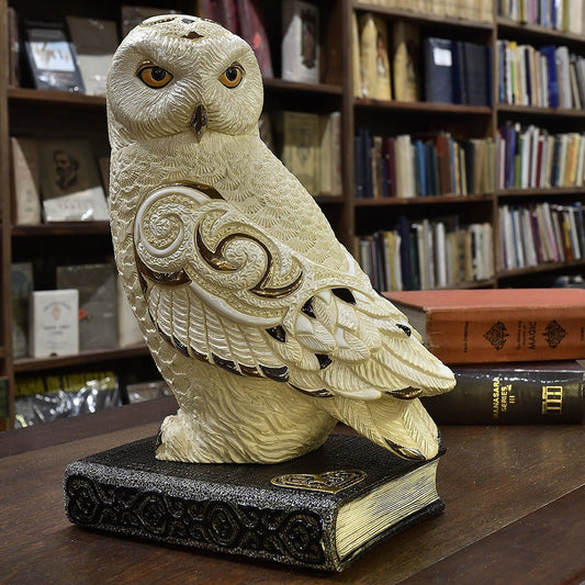 Owl on Book Figurine. Handcrafted Owl Sculpture. Snowy Owl Ceramic Statue. Limited Edition Owl Decor. Wisdom Owl Ornament. Owl and Book Symbolic Figurine. Collector Owl Figurine. Artisan Owl Home Accent. Decorative Owl Library Statue. Owl Spirit Animal Decor