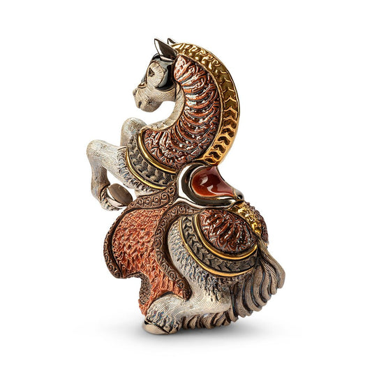 Hand-painted red gray jousting horse sculpture with platinum & gold armor. Handcrafted collectible figurine, 10x7x14 cm. Symbol of courage & nobility.