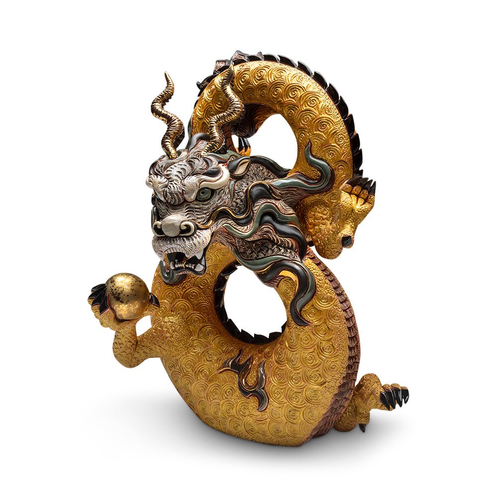 Ceramic Chinese dragon sculpture 40x35x25 cm hand‑carved painted metallic gold platinum limited edition 588 artistry mythical symbol home decor. Eternal Dragon Ceramic Sculpture. Boundless Chinese Dragon Statue. Dragon Figurine. Hand‑Painted Ceramic Dragon Art