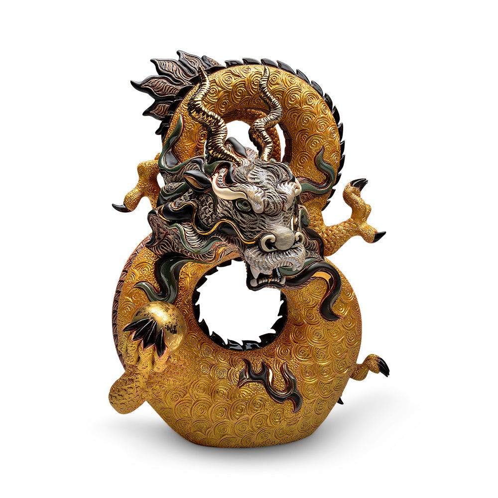 Ceramic Chinese dragon sculpture 40x35x25 cm hand‑carved painted metallic gold platinum limited edition 588 artistry mythical symbol home decor. Eternal Dragon Ceramic Sculpture. Boundless Chinese Dragon Statue. Dragon Figurine. Hand‑Painted Ceramic Dragon Art