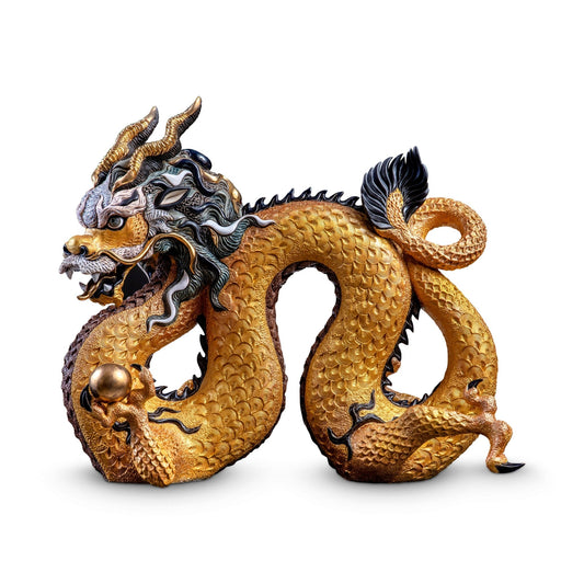 Hand-carved ceramic King Chinese dragon statue 56x28x48 cm with gloss and satin gold finish, lacquered wood base, fierce face and scaled body, limited edition of 88, symbol of fortune, strength, and ancient Eastern mythology.