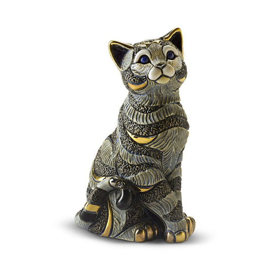 Hand-painted ceramic cat figurine with blue stripes, gold accents, and fine detail; handcrafted feline statue in upright seated pose.