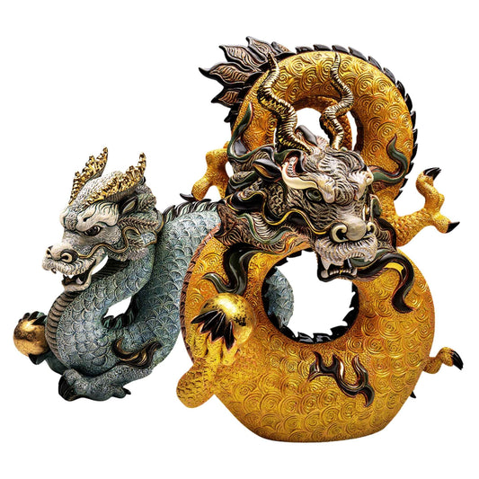 Chinese dragon figurine collectible. Limited edition ceramic dragon statue. Gold and blue dragon sculpture set. Handcrafted Asian dragon art. Feng Shui home decor dragons. Dragon statue for good luck. Artisan Chinese dragon pair. Mythical creature figurine collection. Dragon yin yang sculpture duo. Ceramic Eastern dragon decor