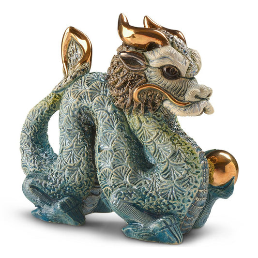 Chinese dragon figurine with gold and enamel detail, symbol of power, luck, and cultural tradition. Handmade with platinum accents. Perfect for feng shui or cultural décor. Gold, Enamel & Platinum Detailing.