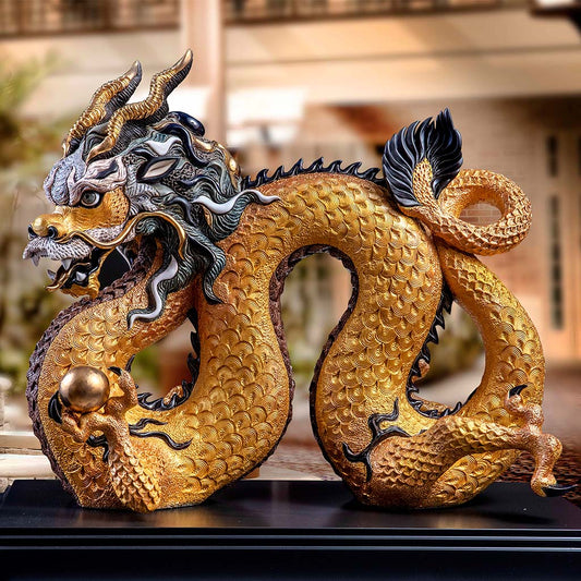 Hand-carved ceramic King Chinese dragon statue 56x28x48 cm with gloss and satin gold finish, lacquered wood base, fierce face and scaled body, limited edition of 88, symbol of fortune, strength, and ancient Eastern mythology.