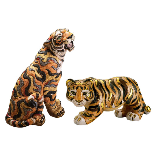 Handcrafted tiger figurine set. Limited edition ceramic tiger sculptures. Luxury tiger statue for collectors. Gold accent tiger figurines. Artistic tiger home decor. Animal sculpture collectible set. De Rosa ceramic tiger statues. Oriental tiger symbolism figurine. Tiger artwork for office or library. Hand-painted ceramic tiger pair
