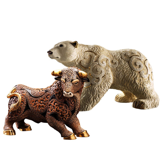 Limited edition animal sculptures. Hand-painted bull and bear figurines. Gold accent collectible statues. Ceramic polar bear home décor. Artisan-crafted bull sculpture. Elegant animal figurine set. Earth and ice animal statue duo. Powerful animal symbol home décor. De Rosa handmade figurine bundle. Gift-worthy animal sculptures for collectors