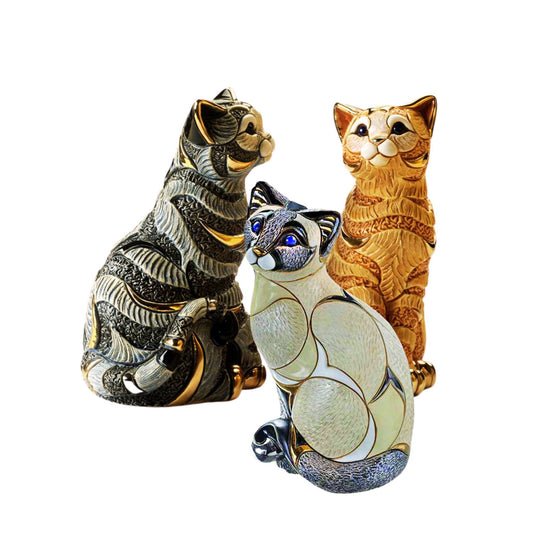 cat figurines, collectible cat sculptures, hand-painted ceramic cats, De Rosa Rinconada cats, Siamese cat statue, striped cat figurine, artisan cat decor, ceramic cat collectibles, luxury cat figurines, handmade cat sculptures, Uruguay ceramic art, decorative cat statues, gold accent cat figurines, collectible animal sculptures, cat lover gifts, cultural cat art